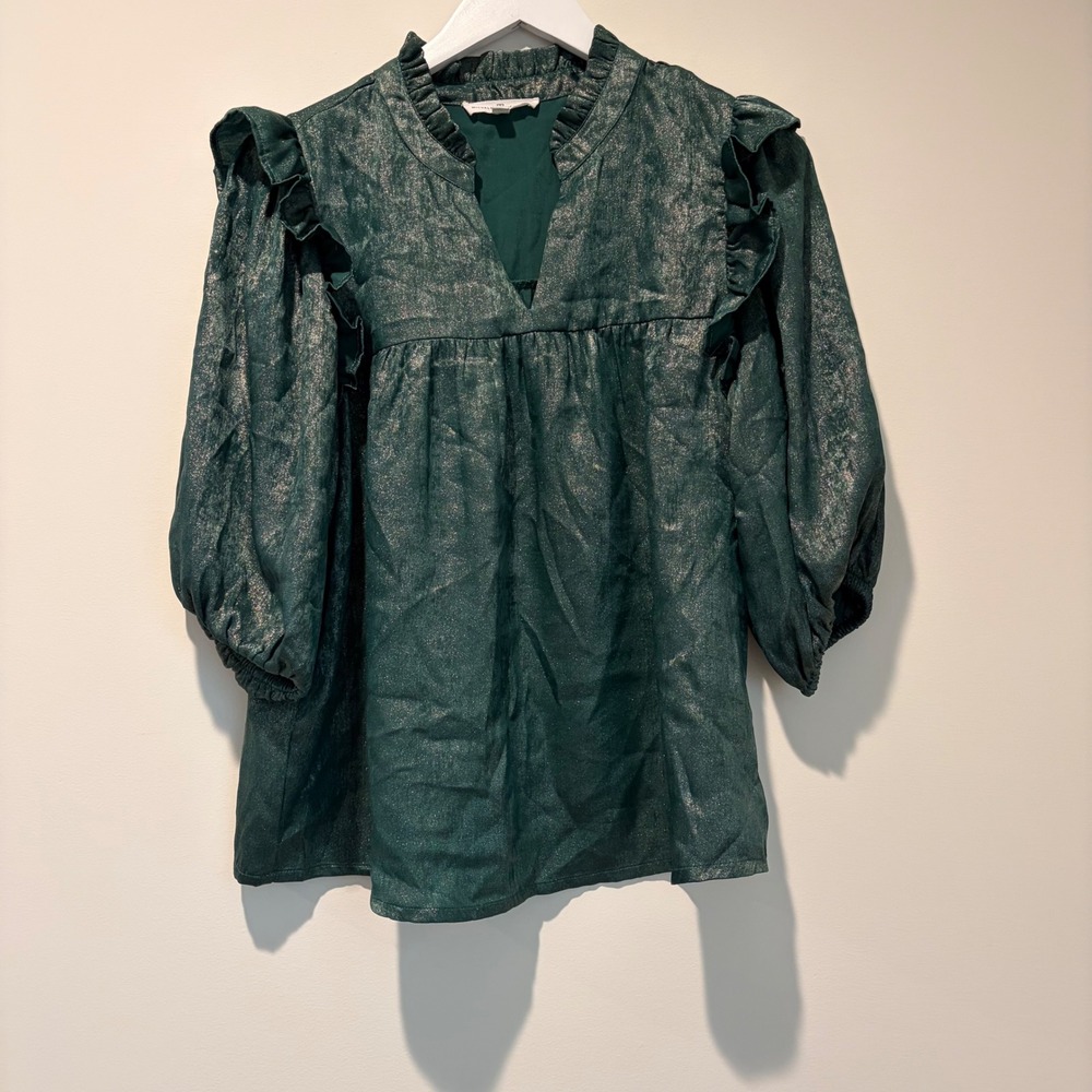 Michelle McDowell Emerald Green Metallic Ruffle Babydoll Blouse Medium